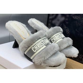 Dior Heel 8cm Dway Slide Sandals in Gray Shearling Fur and Embroidered Canvas 2024 (jincheng-23120807)