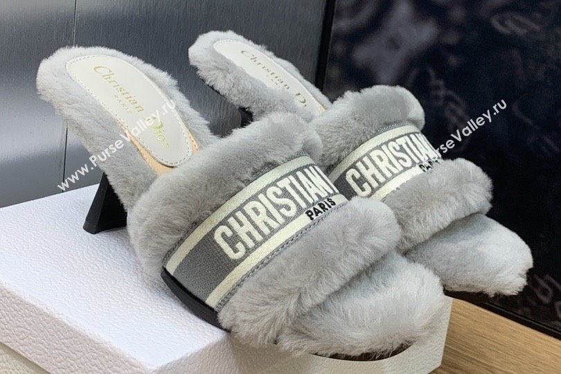 Dior Heel 8cm Dway Slide Sandals in Gray Shearling Fur and Embroidered Canvas 2024 (jincheng-23120807)