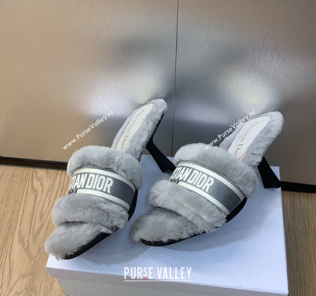 Dior Heel 8cm Dway Slide Sandals in Gray Shearling Fur and Embroidered Canvas 2024 (jincheng-23120807)