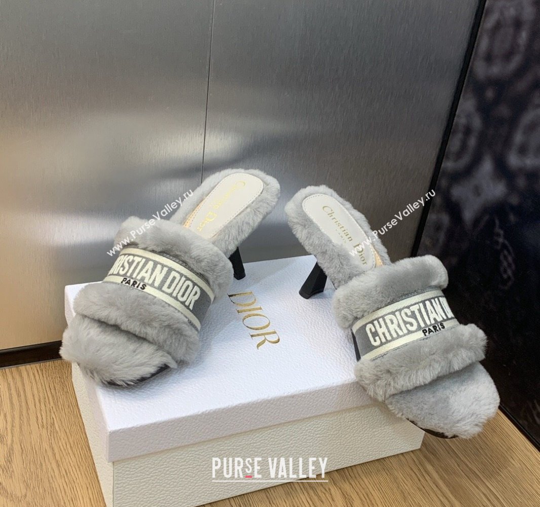 Dior Heel 8cm Dway Slide Sandals in Gray Shearling Fur and Embroidered Canvas 2024 (jincheng-23120807)