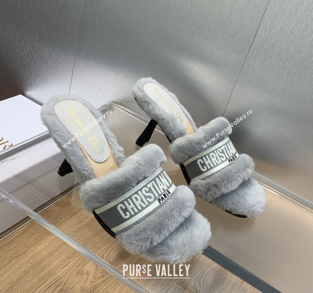 Dior Heel 8cm Dway Slide Sandals in Gray Shearling Fur and Embroidered Canvas 2024 (jincheng-23120807)