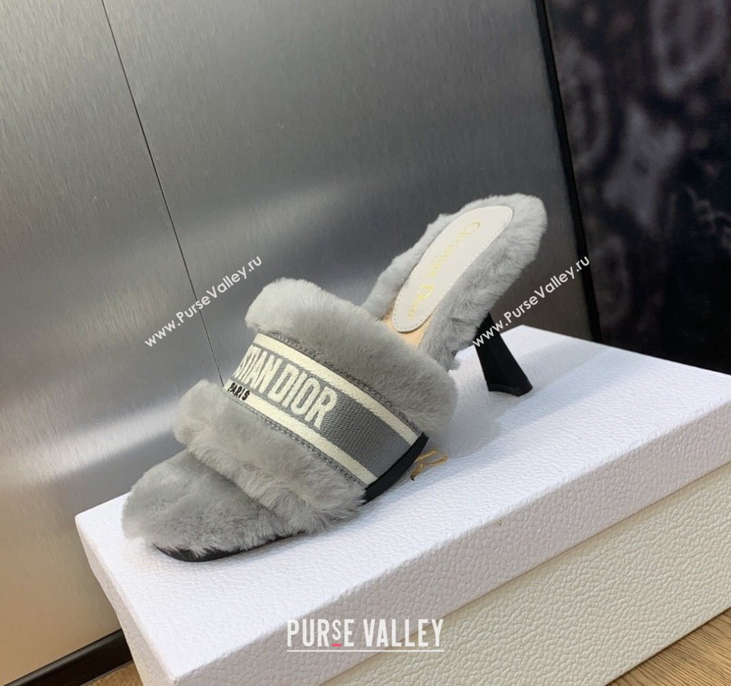 Dior Heel 8cm Dway Slide Sandals in Gray Shearling Fur and Embroidered Canvas 2024 (jincheng-23120807)