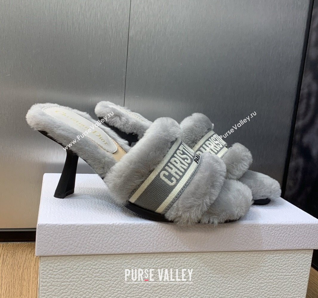 Dior Heel 8cm Dway Slide Sandals in Gray Shearling Fur and Embroidered Canvas 2024 (jincheng-23120807)