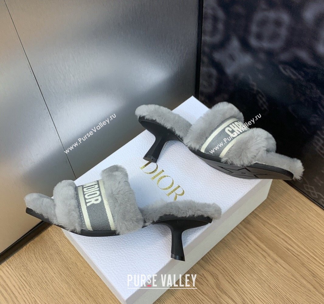 Dior Heel 6.5cm Dway Slide Sandals in Gray Shearling Fur and Embroidered Canvas 2024 (jincheng-23120808)