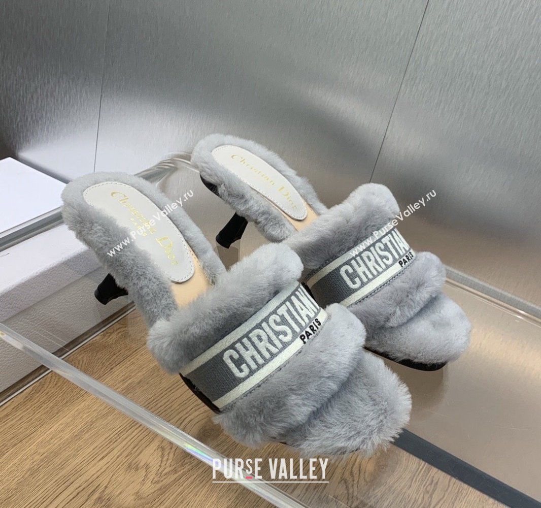 Dior Heel 6.5cm Dway Slide Sandals in Gray Shearling Fur and Embroidered Canvas 2024 (jincheng-23120808)