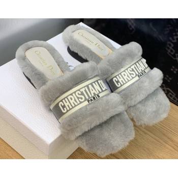 Dior Dway Flat Slide Sandals in Gray Shearling Fur and Embroidered Canvas 2024 (jincheng-23120809)
