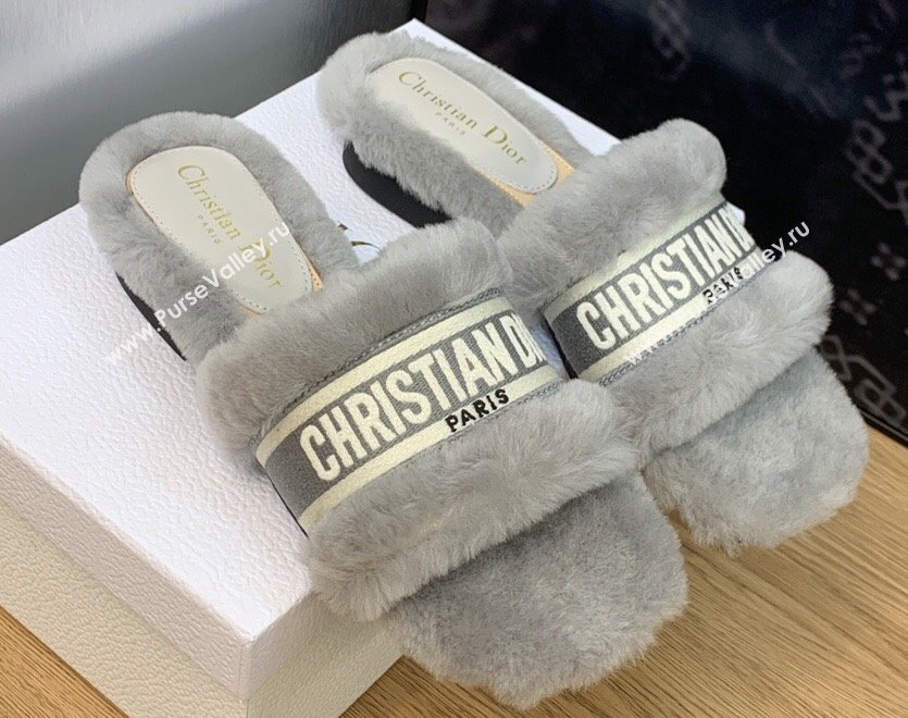 Dior Dway Flat Slide Sandals in Gray Shearling Fur and Embroidered Canvas 2024 (jincheng-23120809)