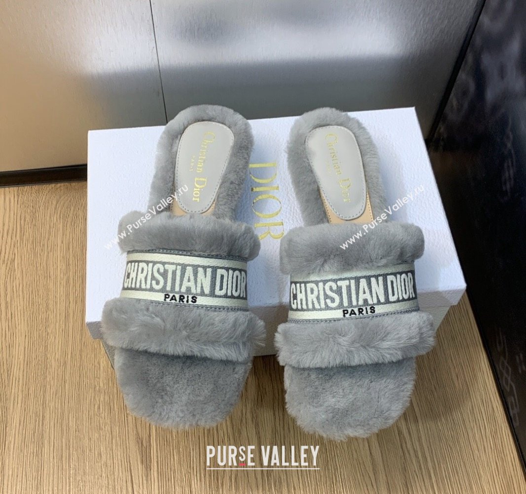 Dior Dway Flat Slide Sandals in Gray Shearling Fur and Embroidered Canvas 2024 (jincheng-23120809)