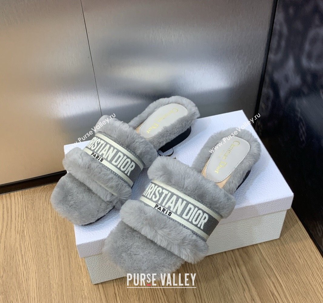 Dior Dway Flat Slide Sandals in Gray Shearling Fur and Embroidered Canvas 2024 (jincheng-23120809)