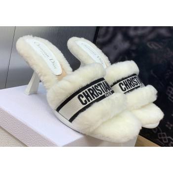 Dior Heel 8cm Dway Slide Sandals in White Shearling Fur and Embroidered Canvas 2024 (jincheng-23120804)