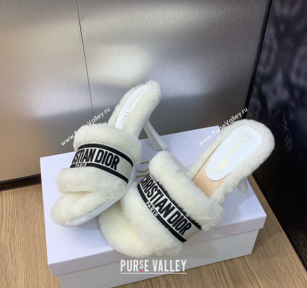 Dior Heel 8cm Dway Slide Sandals in White Shearling Fur and Embroidered Canvas 2024 (jincheng-23120804)