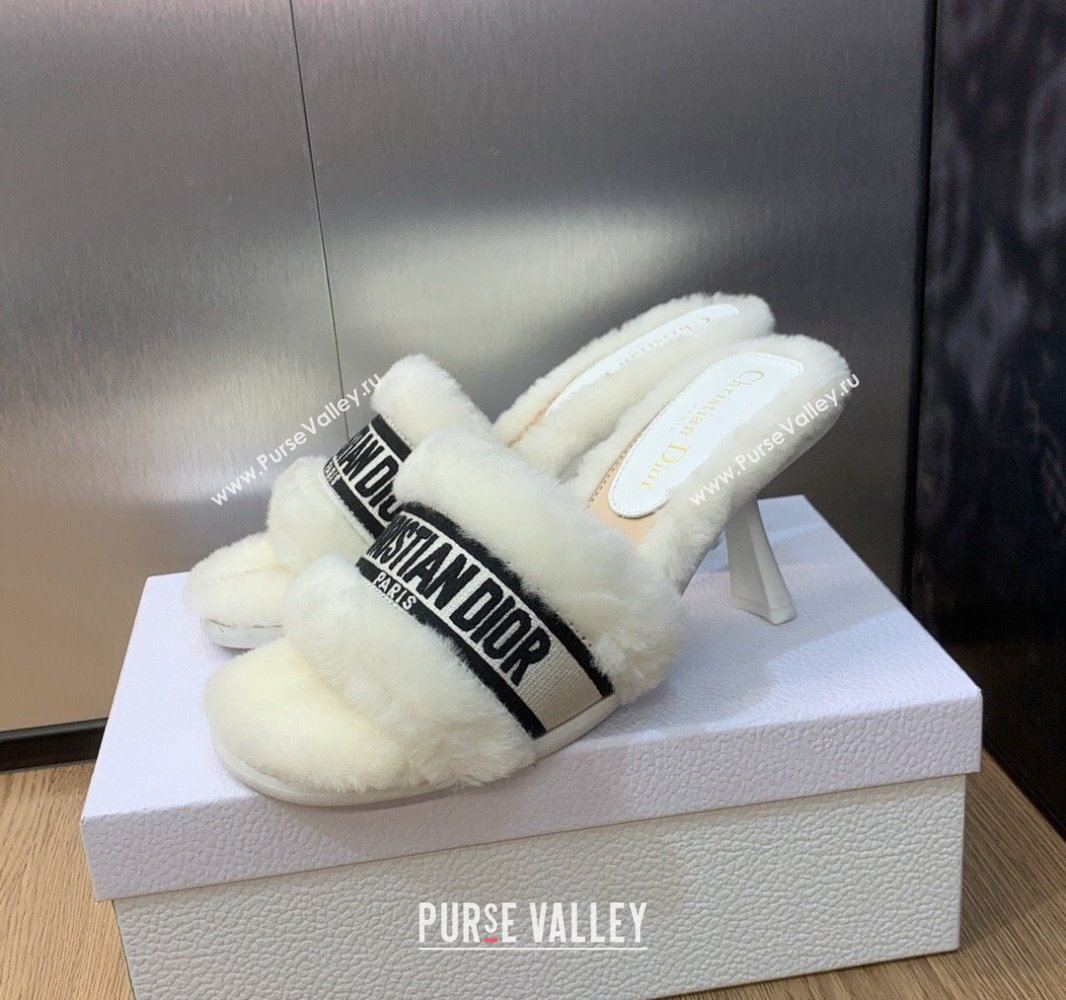 Dior Heel 8cm Dway Slide Sandals in White Shearling Fur and Embroidered Canvas 2024 (jincheng-23120804)