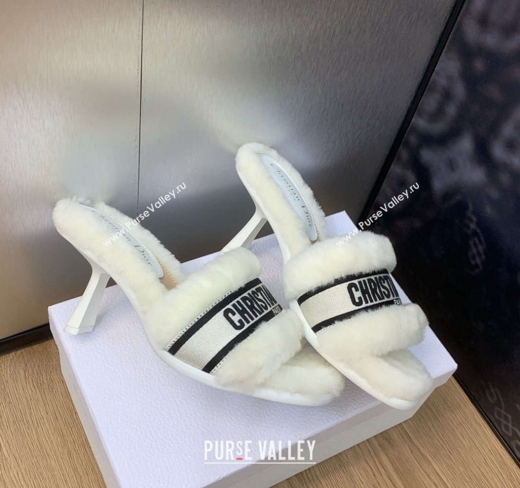 Dior Heel 8cm Dway Slide Sandals in White Shearling Fur and Embroidered Canvas 2024 (jincheng-23120804)