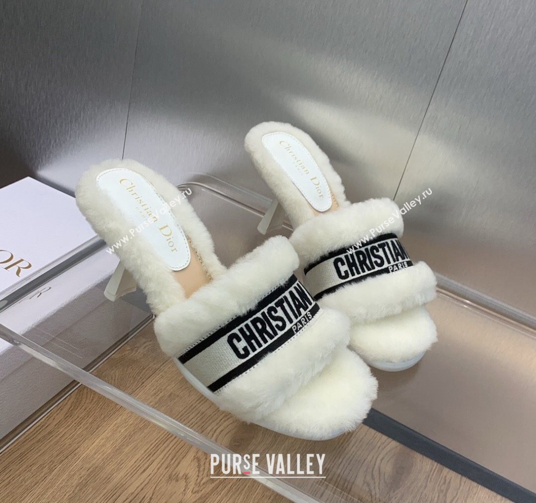 Dior Heel 8cm Dway Slide Sandals in White Shearling Fur and Embroidered Canvas 2024 (jincheng-23120804)