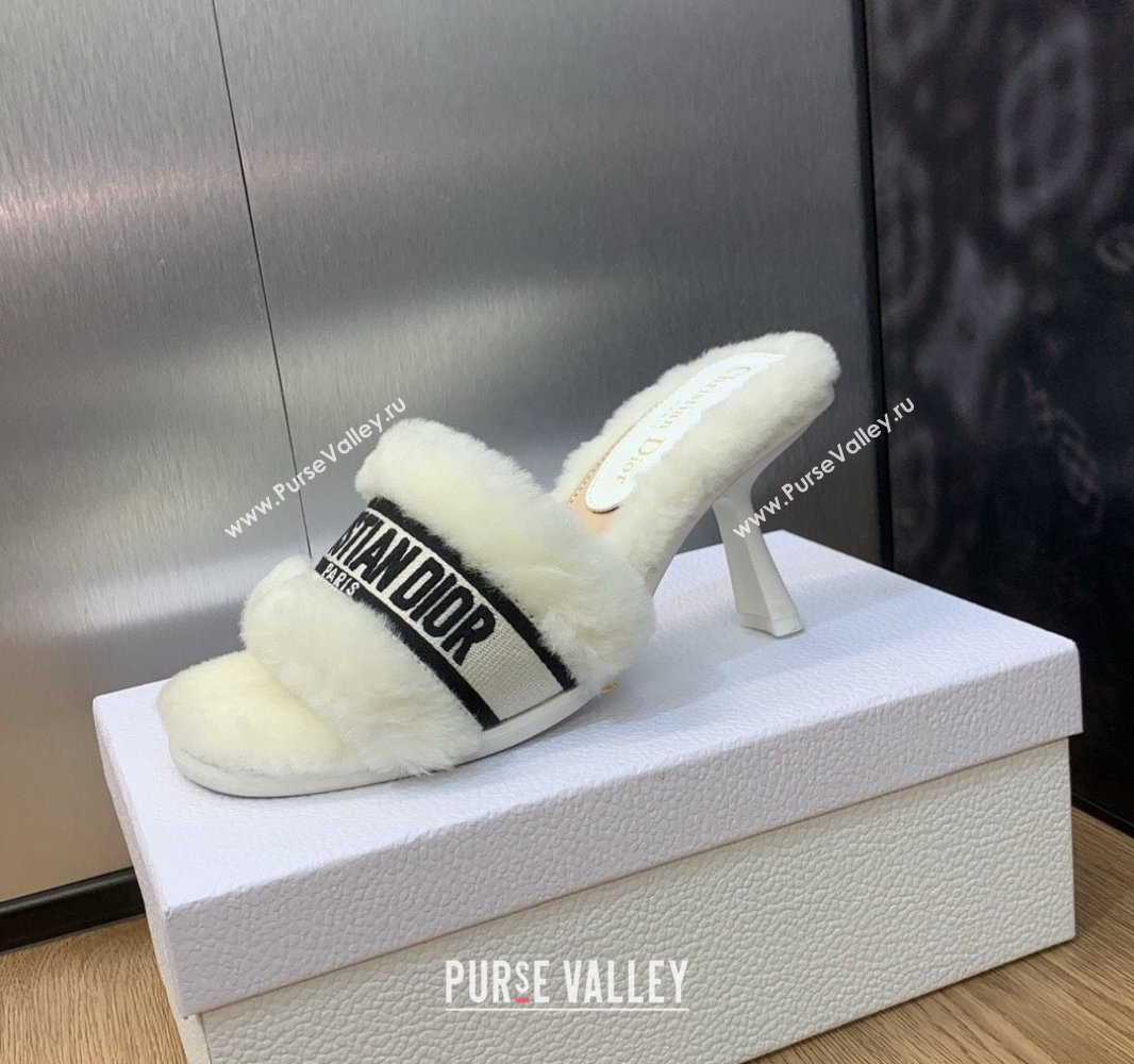 Dior Heel 8cm Dway Slide Sandals in White Shearling Fur and Embroidered Canvas 2024 (jincheng-23120804)