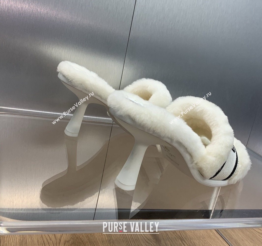 Dior Heel 8cm Dway Slide Sandals in White Shearling Fur and Embroidered Canvas 2024 (jincheng-23120804)