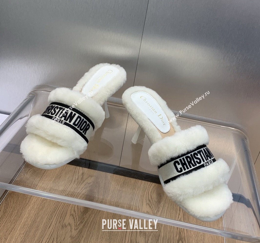 Dior Heel 8cm Dway Slide Sandals in White Shearling Fur and Embroidered Canvas 2024 (jincheng-23120804)