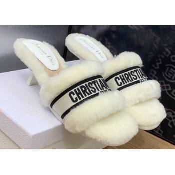 Dior Heel 6.5cm Dway Slide Sandals in White Shearling Fur and Embroidered Canvas 2024 (jincheng-23120805)