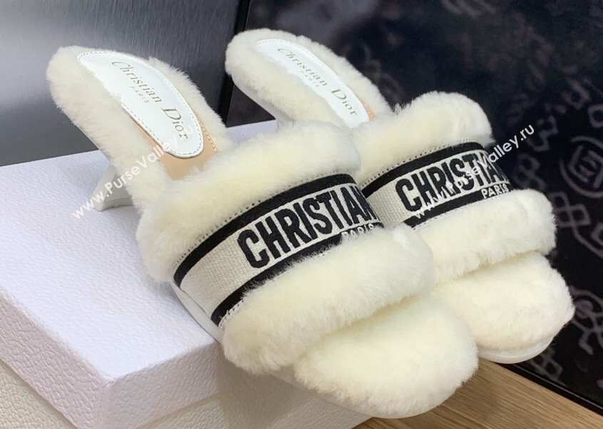Dior Heel 6.5cm Dway Slide Sandals in White Shearling Fur and Embroidered Canvas 2024 (jincheng-23120805)