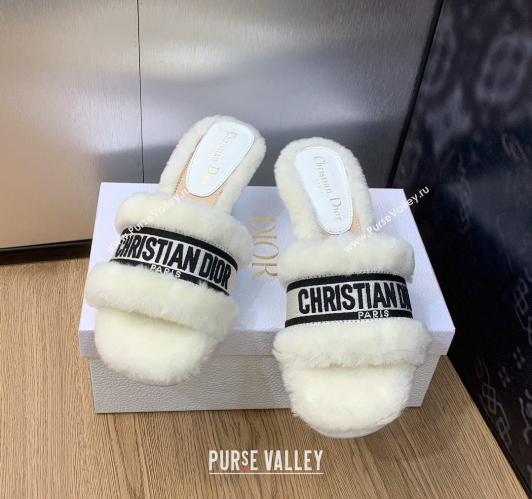 Dior Heel 6.5cm Dway Slide Sandals in White Shearling Fur and Embroidered Canvas 2024 (jincheng-23120805)
