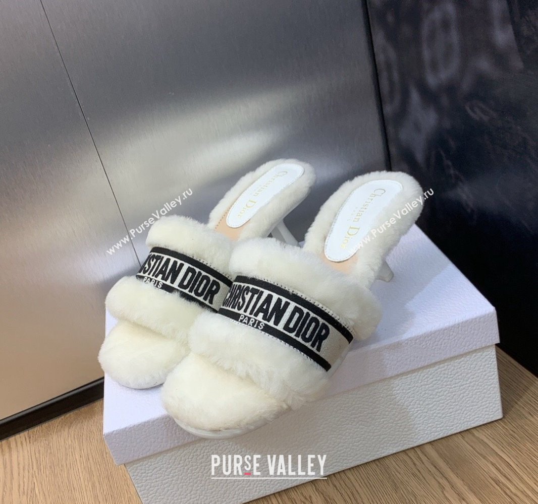 Dior Heel 6.5cm Dway Slide Sandals in White Shearling Fur and Embroidered Canvas 2024 (jincheng-23120805)