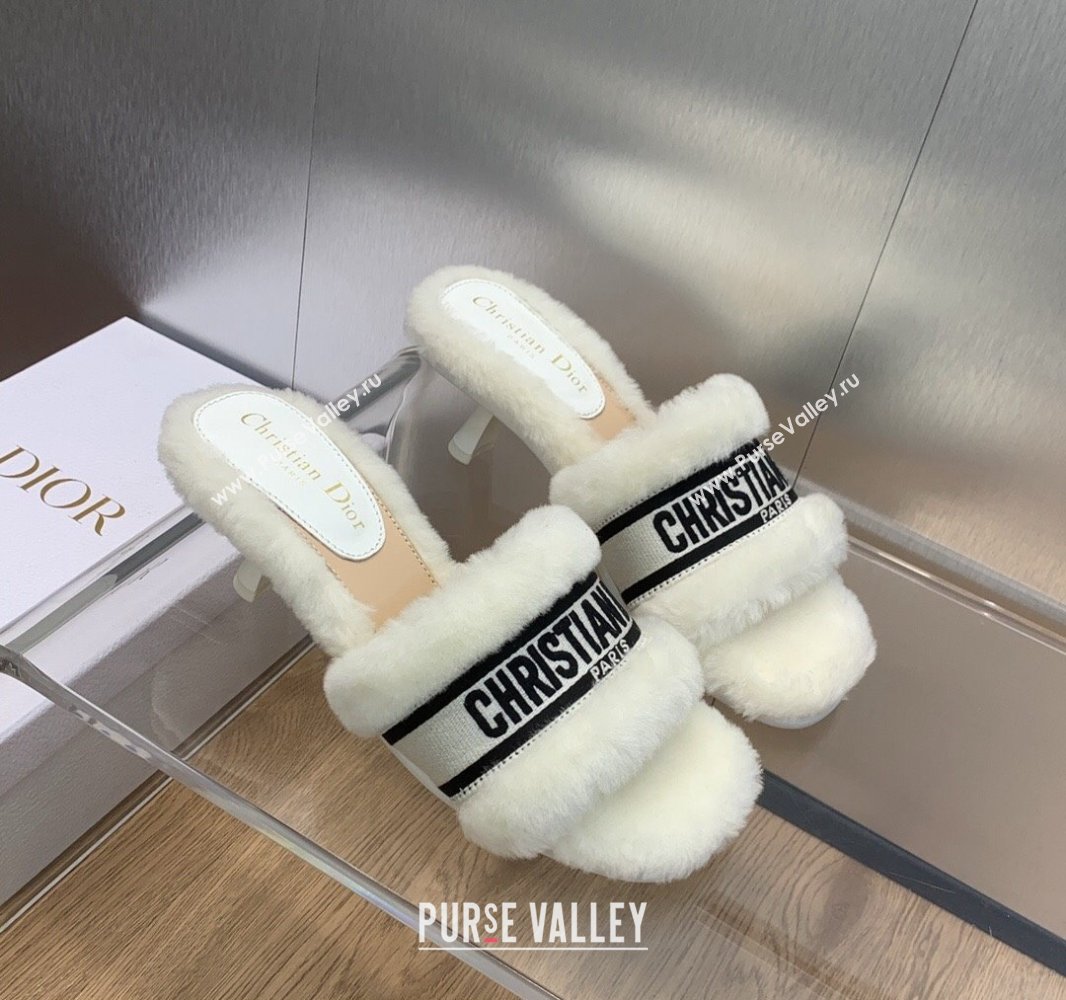 Dior Heel 6.5cm Dway Slide Sandals in White Shearling Fur and Embroidered Canvas 2024 (jincheng-23120805)