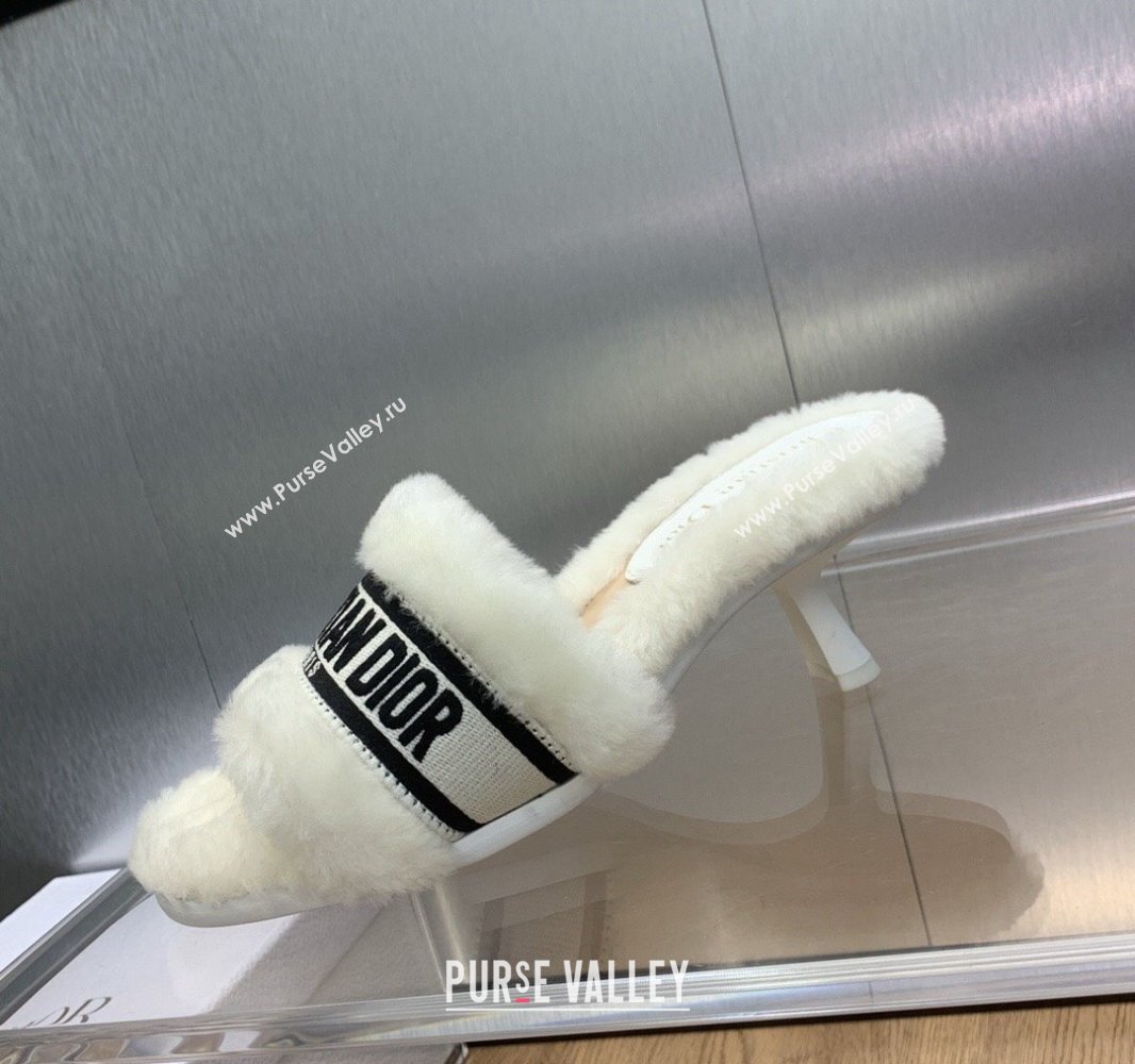 Dior Heel 6.5cm Dway Slide Sandals in White Shearling Fur and Embroidered Canvas 2024 (jincheng-23120805)