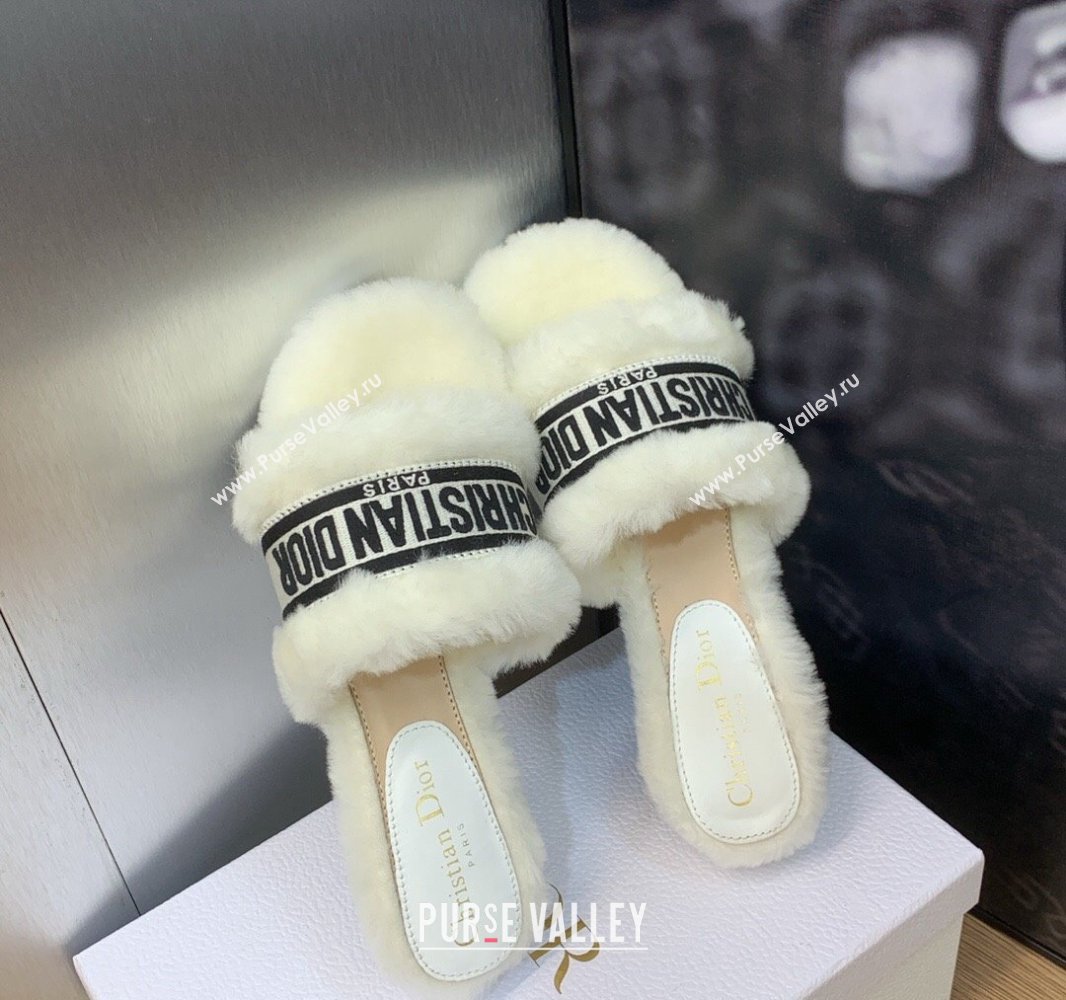 Dior Dway Flat Slide Sandals in White Shearling Fur and Embroidered Canvas 2024 (jincheng-23120806)