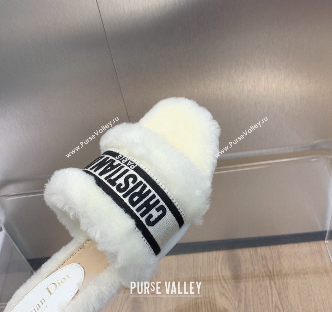 Dior Dway Flat Slide Sandals in White Shearling Fur and Embroidered Canvas 2024 (jincheng-23120806)