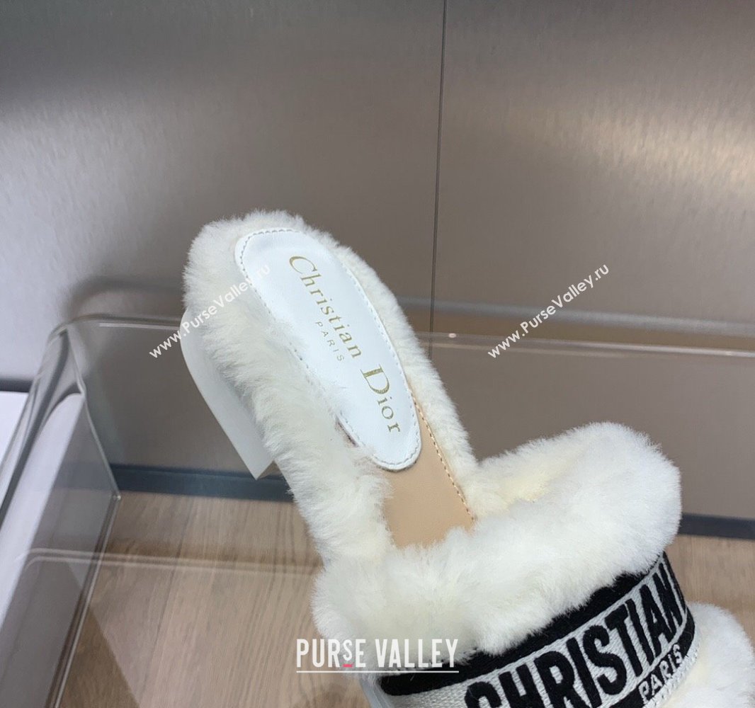 Dior Dway Flat Slide Sandals in White Shearling Fur and Embroidered Canvas 2024 (jincheng-23120806)