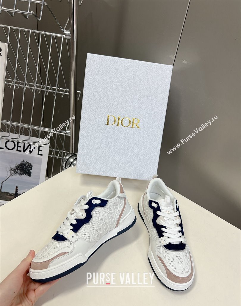 Dior Women/Men One Sneakers in White and Nude Blue Dior Oblique Perforated Calfskin 2024 (modeng-23120818)