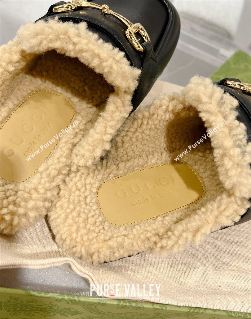 Gucci Merinos wool lining mules with Horsebit 771061 leather Black 2024 (modeng-23120777)