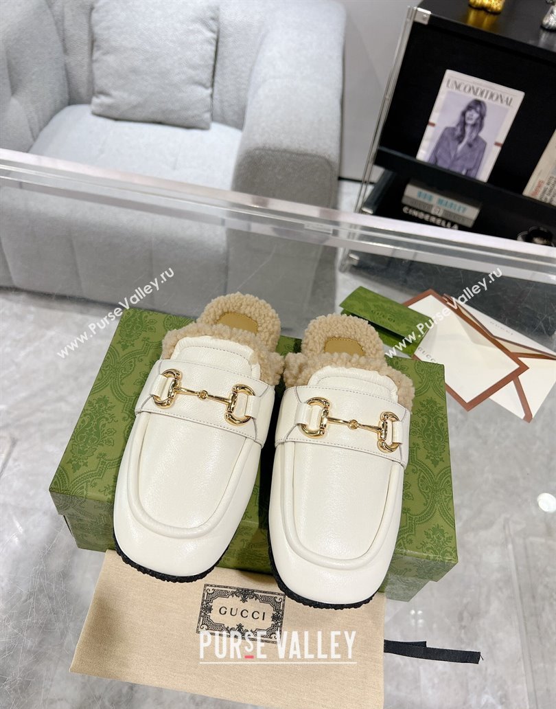Gucci Merinos wool lining mules with Horsebit 771061 leather White 2024 (modeng-23120778)
