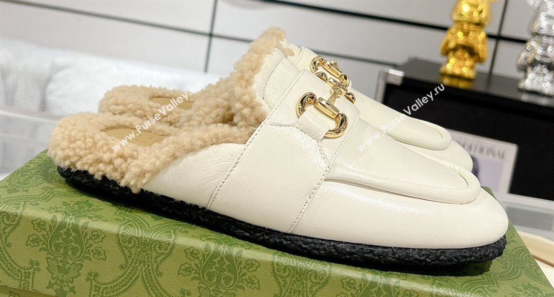 Gucci Merinos wool lining mules with Horsebit 771061 leather White 2024 (modeng-23120778)