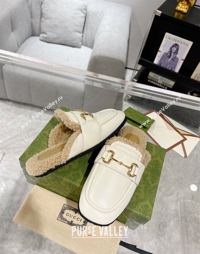 Gucci Merinos wool lining mules with Horsebit 771061 leather White 2024 (modeng-23120778)