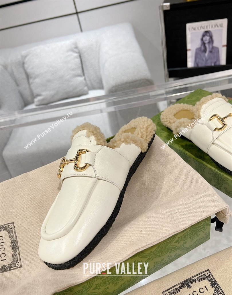 Gucci Merinos wool lining mules with Horsebit 771061 leather White 2024 (modeng-23120778)