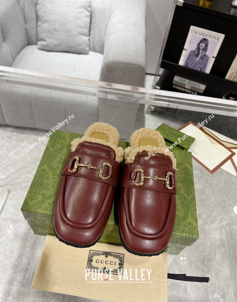 Gucci Merinos wool lining mules with Horsebit 771061 leather Burgundy 2024 (modeng-23120779)