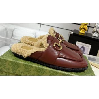 Gucci Merinos wool lining mules with Horsebit 771061 leather Burgundy 2024 (modeng-23120779)