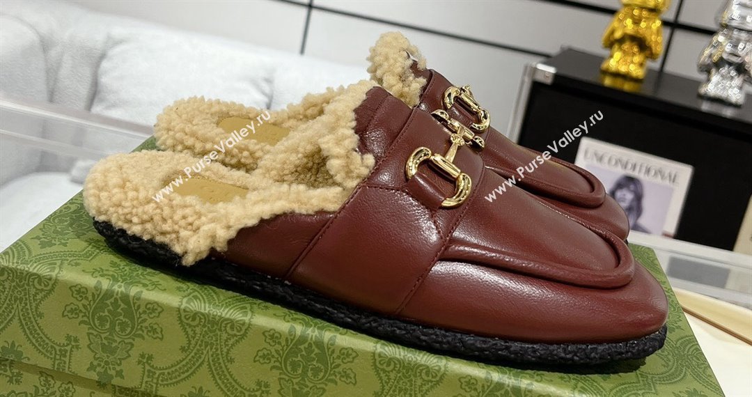 Gucci Merinos wool lining mules with Horsebit 771061 leather Burgundy 2024 (modeng-23120779)
