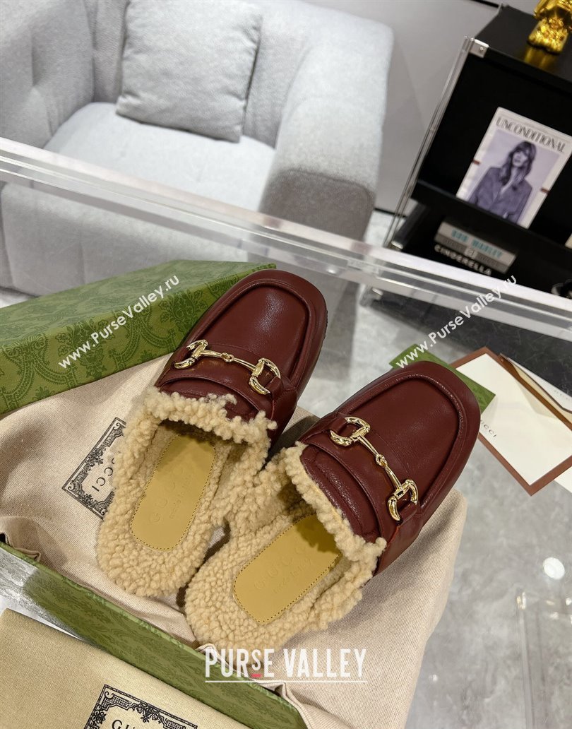 Gucci Merinos wool lining mules with Horsebit 771061 leather Burgundy 2024 (modeng-23120779)