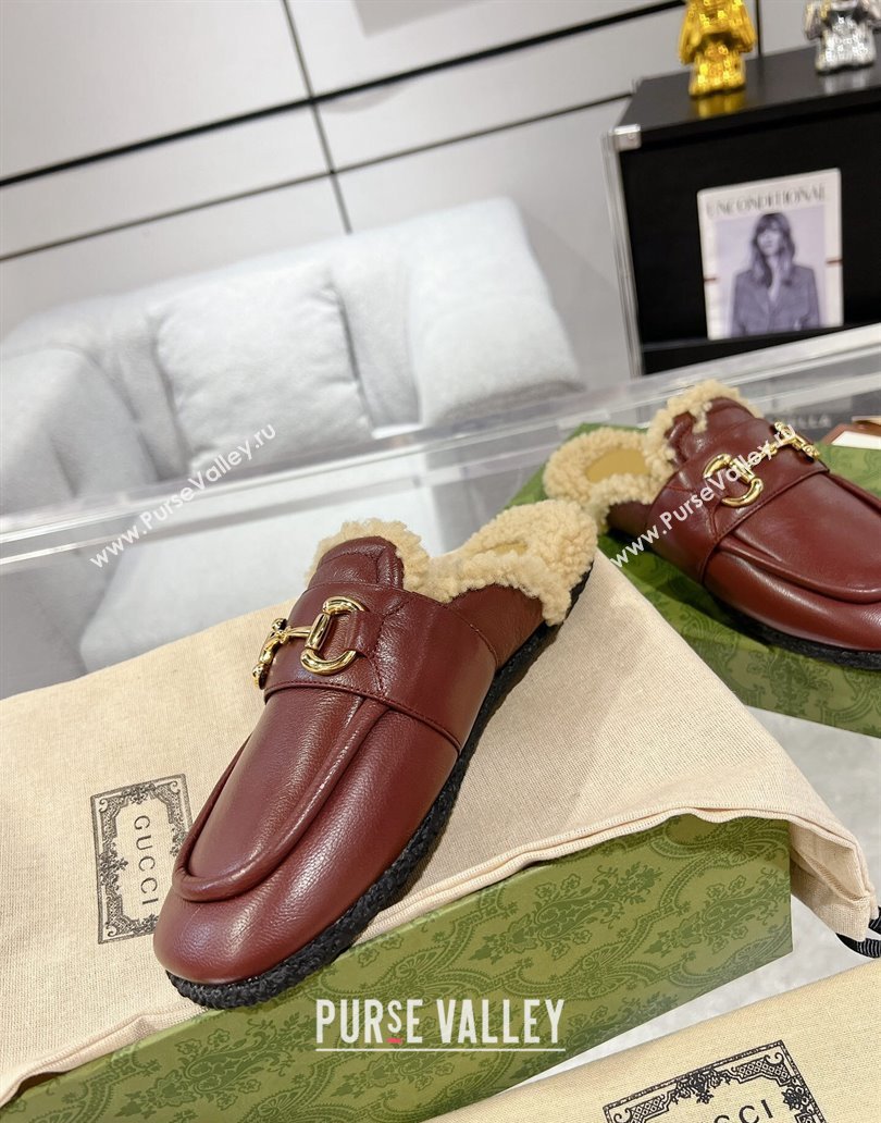 Gucci Merinos wool lining mules with Horsebit 771061 leather Burgundy 2024 (modeng-23120779)