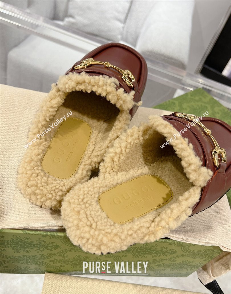 Gucci Merinos wool lining mules with Horsebit 771061 leather Burgundy 2024 (modeng-23120779)