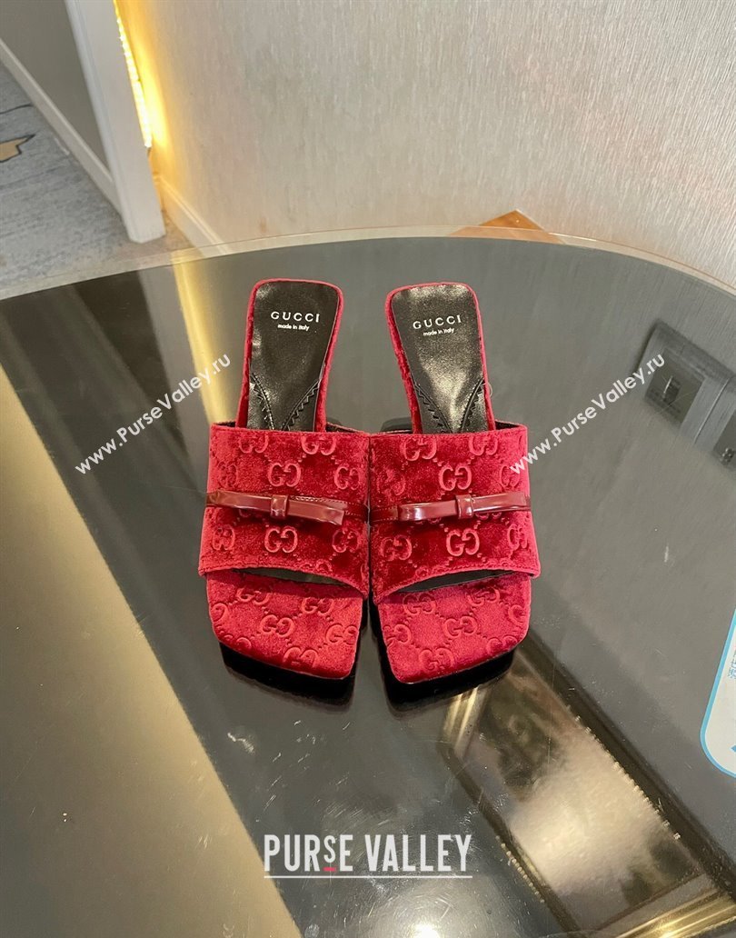 Gucci Heel 7cm GG velvet slide sandals with Patent leather bow detail 764182 Red 2024 (modeng-23120707)