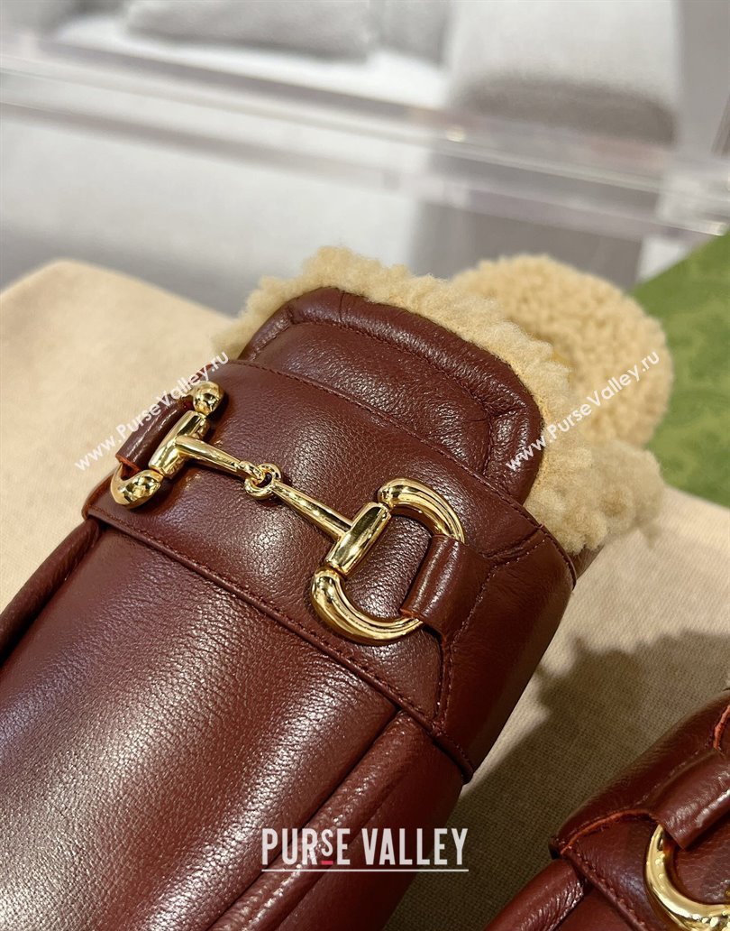 Gucci Merinos wool lining mules with Horsebit 771061 leather Burgundy 2024 (modeng-23120779)