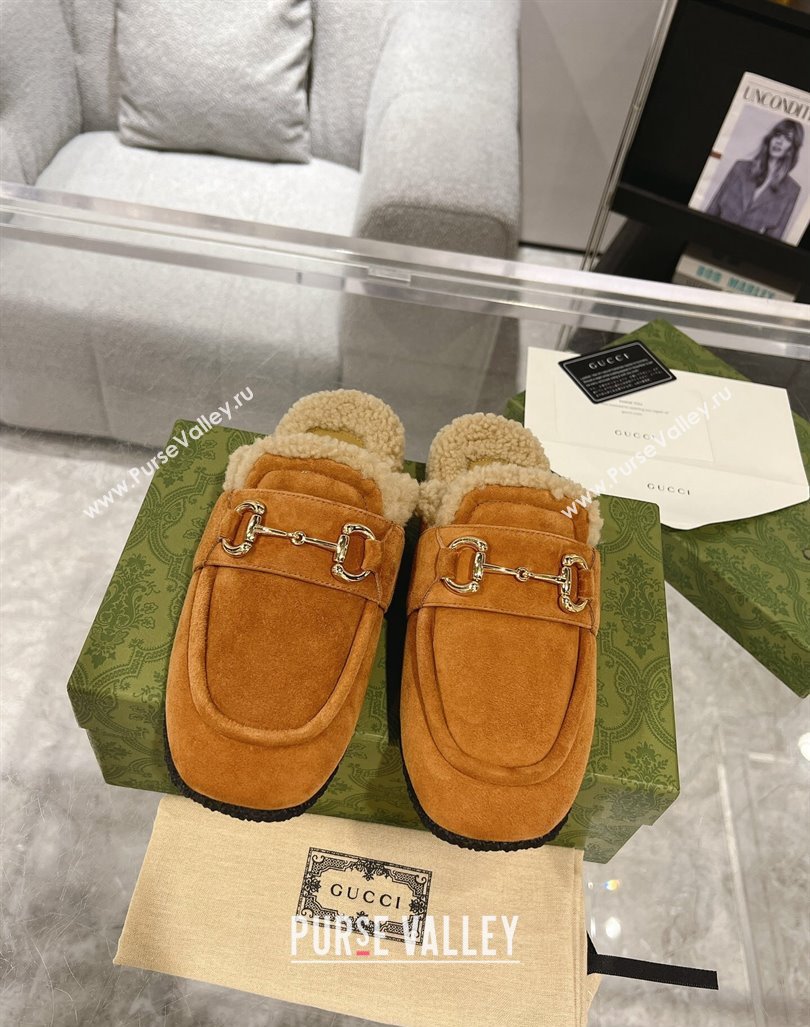 Gucci Merinos wool lining mules with Horsebit 771061 leather Suede Khaki 2024 (modeng-23120786)