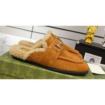 Gucci Merinos wool lining mules with Horsebit 771061 leather Suede Khaki 2024 (modeng-23120786)