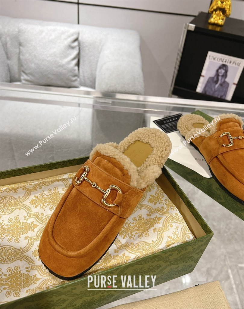 Gucci Merinos wool lining mules with Horsebit 771061 leather Suede Khaki 2024 (modeng-23120786)