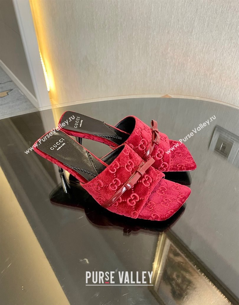 Gucci Heel 7cm GG velvet slide sandals with Patent leather bow detail 764182 Red 2024 (modeng-23120707)