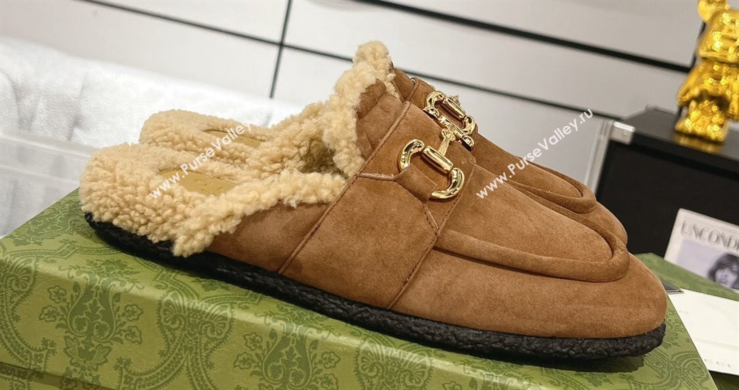 Gucci Merinos wool lining mules with Horsebit 771061 leather Suede Brown 2024 (modeng-23120785)