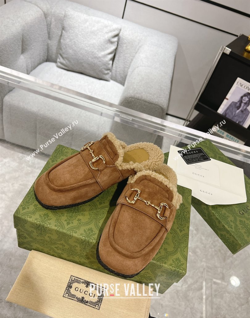 Gucci Merinos wool lining mules with Horsebit 771061 leather Suede Brown 2024 (modeng-23120785)